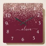 Burgundy Rose Gold Blush Pink Glitzer Monogram Quadratische Wanduhr<br><div class="desc">Rose Gold - Blush Pink and Burgundy Sparkle Glitter Script Monogram Name Clock. This makes the perfect sweet 16 birthday,  wedding,  bridal shower,  anniversary,  baby shower or bachelorette party gift for someone that loves glam luxury and chic styles.</div>