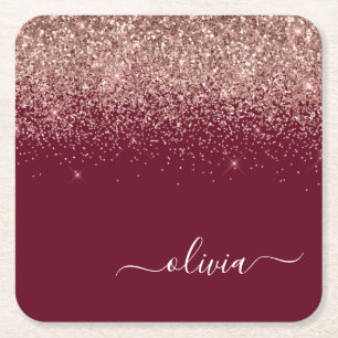 Burgundy Rose Gold Blush Pink Glitzer Monogram Rechteckiger Pappuntersetzer