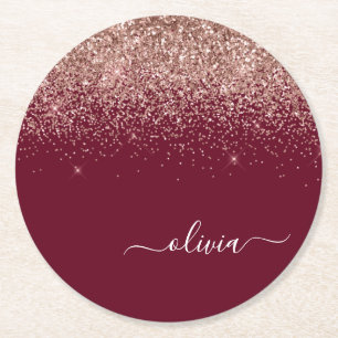 Burgundy Rose Gold Blush Pink Glitzer Monogram Runder Pappuntersetzer