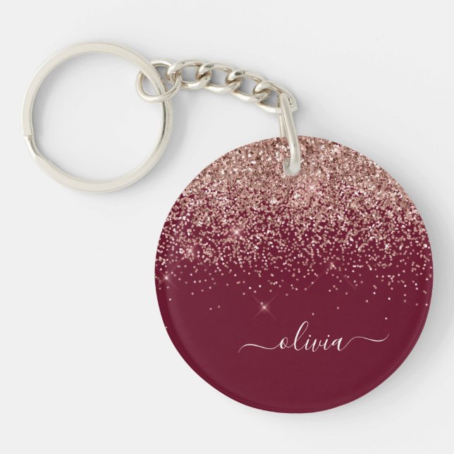 Burgundy Rose Gold Blush Pink Glitzer Monogram Schlüsselanhänger (Vorderseite)