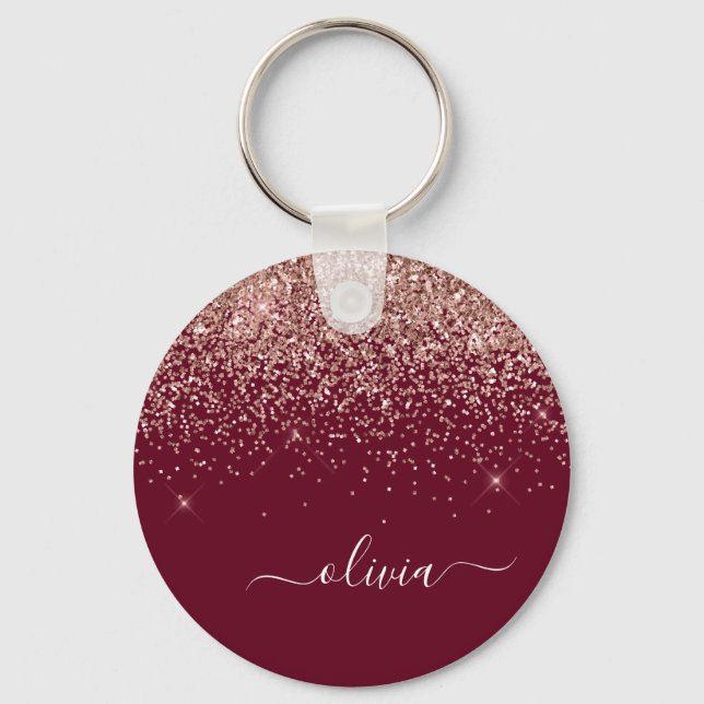 Burgundy Rose Gold Blush Pink Glitzer Monogram Schlüsselanhänger (Vorderseite)