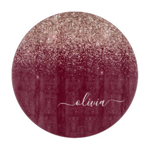 Burgundy Rose Gold Blush Pink Glitzer Monogram Schneidebrett