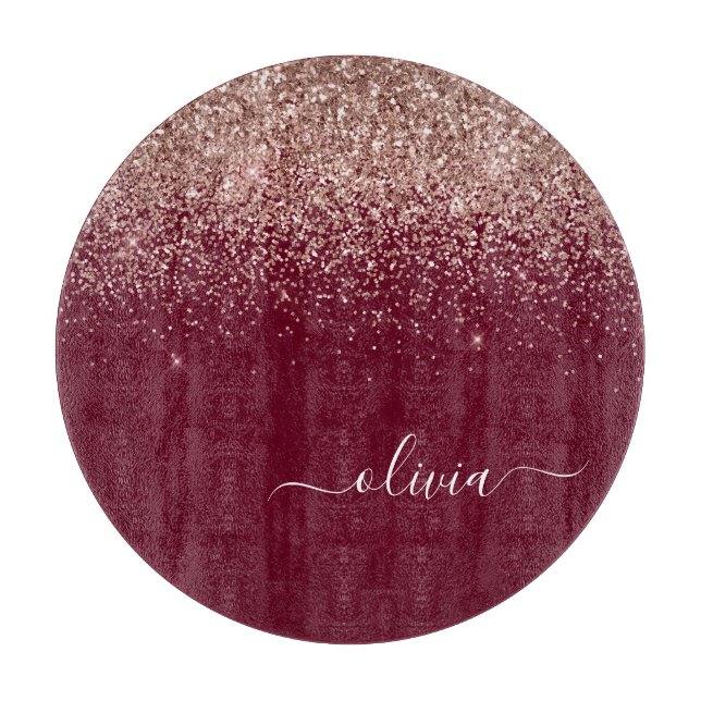 Burgundy Rose Gold Blush Pink Glitzer Monogram Schneidebrett (Vorderseite)