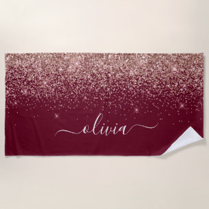 Burgundy Rose Gold Blush Pink Glitzer Monogram Strandtuch