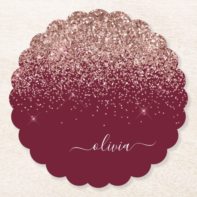 Burgundy Rose Gold Blush Pink Glitzer Monogram Untersetzer (Vorderseite)