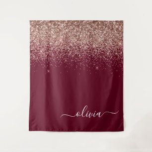 Burgundy Rose Gold Blush Pink Glitzer Monogram Wandteppich