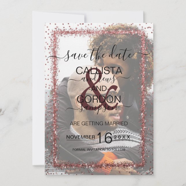 Burgundy Rose Gold Confetti Foto Wedding Save The Date (Vorderseite)