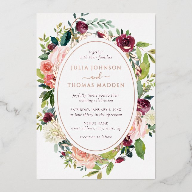 Burgundy Rose Gold Floral Foliage Hochzeit Folieneinladung (Vorderseite)