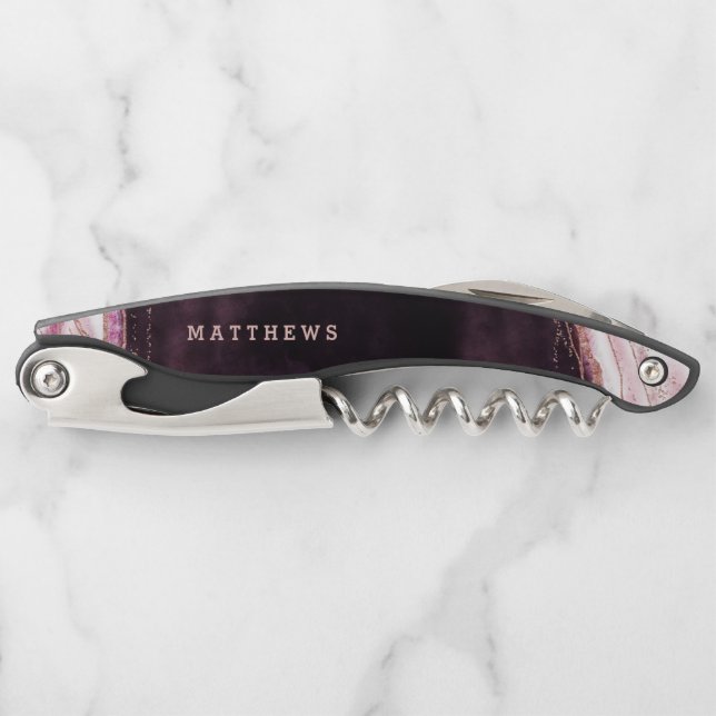 Burgundy & Rose Gold Geode Agate Wedding Monogram Kellnermesser (Vorderseite)