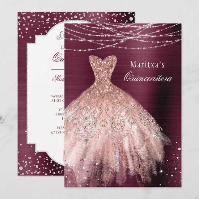 Burgundy Rose Gold Glam Diamond Quinceañera Einladung (Vorne/Hinten)