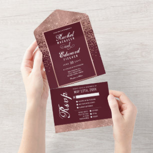 Burgundy Rose Gold Glitzer Confetti Wedding RSVP All In One Einladung