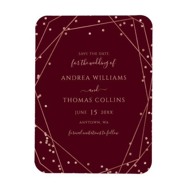 Burgundy Rose Gold Glitzer Geometric Save the Date Magnet (Vertikal)