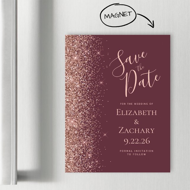 Burgundy Rose Gold Glitzer Magnetic Save the Date Magnetkarte (Von Creator hochgeladen)