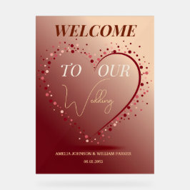 Burgundy Rose Gold Heart Confetti Wedding Welcome Acrylschild