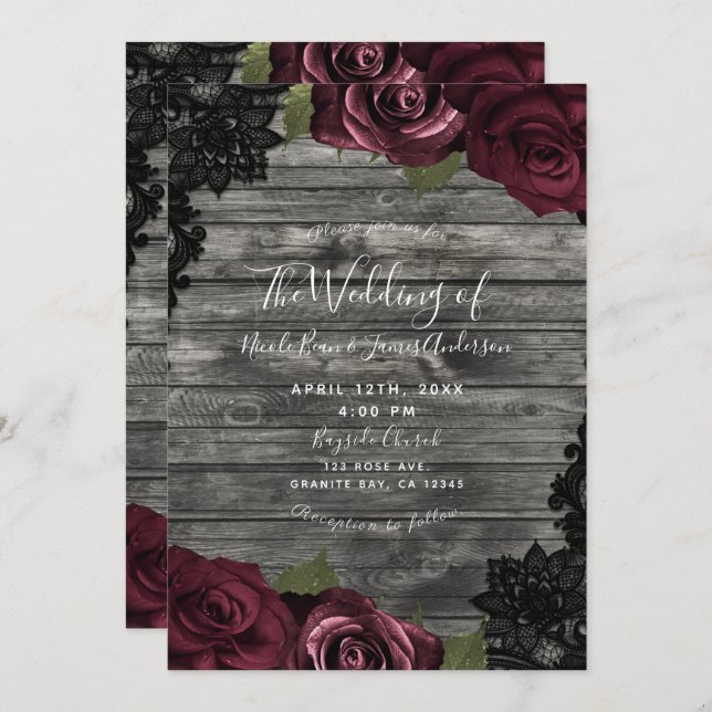 Burgundy Rose Gray Wood Black Lace Wedding Einladung (Vorne/Hinten)
