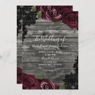 Burgundy Rose Gray Wood Black Lace Wedding Einladung