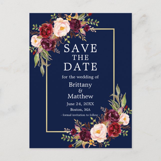 Burgundy-Rose mit Aquarellfarbe Blau-Gold Save the Postkarte (Vorderseite)