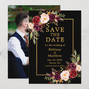 Burgundy-Rose mit schwarzem Goldrahmen-Foto Save The Date