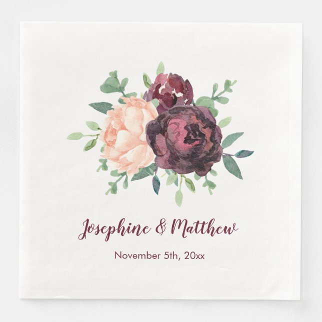 Burgundy Rose Peach Peony Bouquet Wedding Napkins Serviette (Vorderseite)