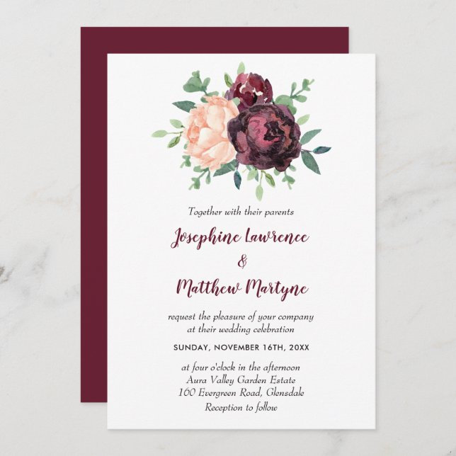Burgundy Rose Peach Peony Floral Wedding Einladung (Vorne/Hinten)