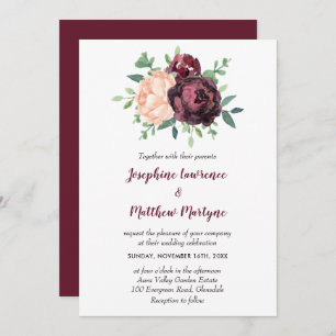 Burgundy Rose Peach Peony Floral Wedding Einladung