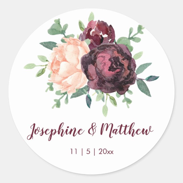 Burgundy Rose Peach Peony Floral Wedding Runder Aufkleber (Vorderseite)