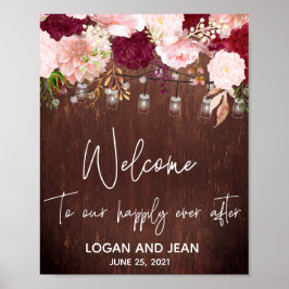 Burgundy Rose Pink Floral Mason Jar Begrüßungszeic Poster