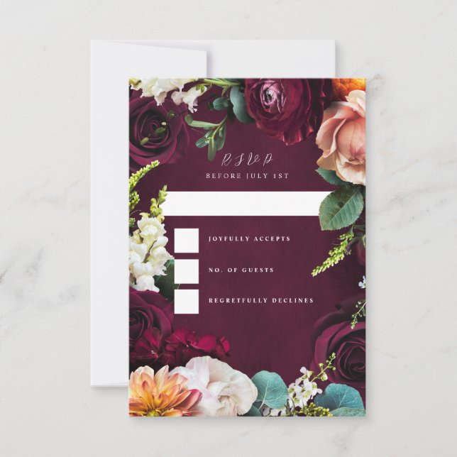 Burgundy Rose Ranunculus Wedding RSVP Karte (Vorderseite)