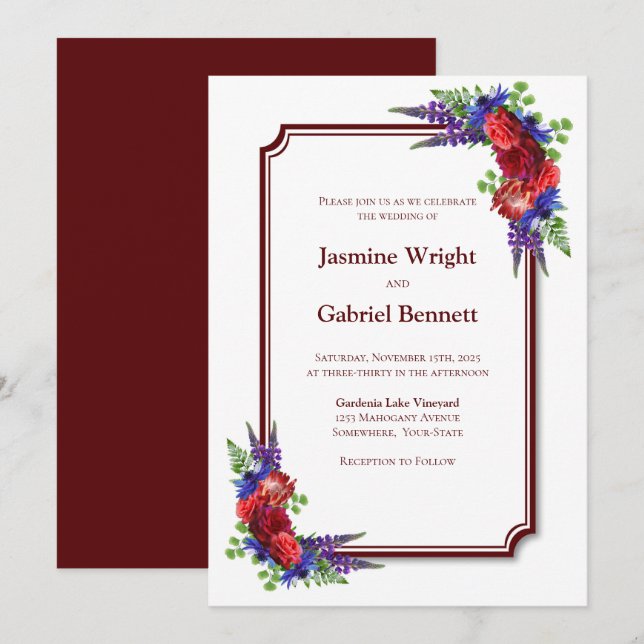 Burgundy Rose Red Border Wedding Einladung (Vorne/Hinten)