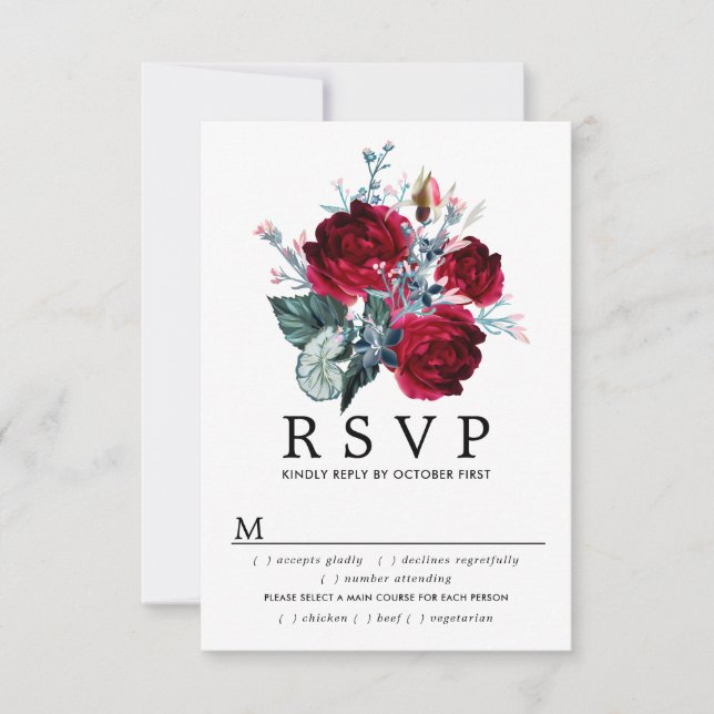 Burgundy Rose Wedding RSVP Card, Mahlzeiten Option (Vorderseite)