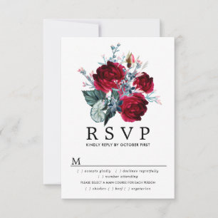 Burgundy Rose Wedding RSVP Card, Mahlzeiten Option Karte