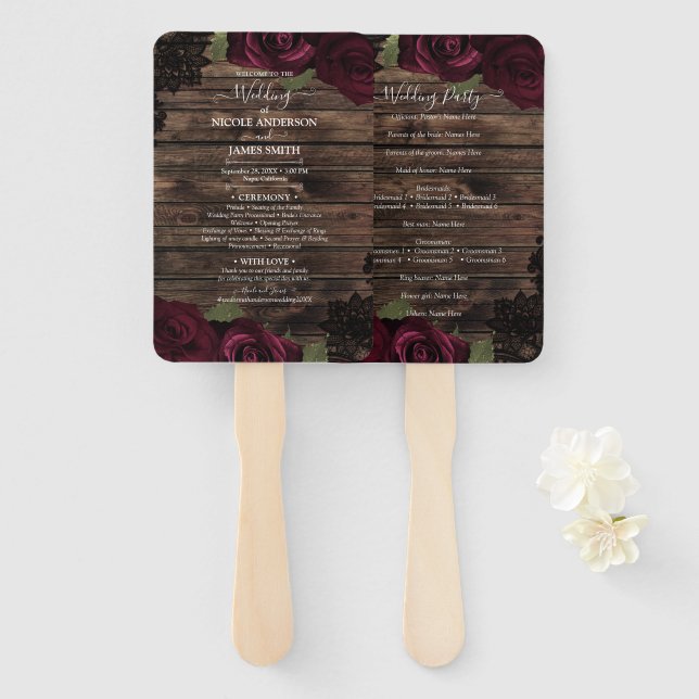 Burgundy Rose Wood Black Lace Floral Wedding Fächer (Vorne und Hinten)