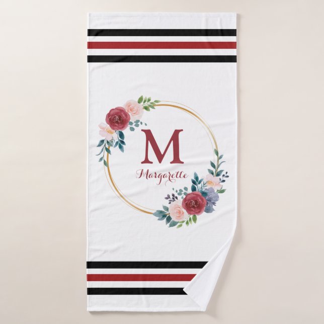 Burgundy Rose Wreath Custom Monogram & Name Badehandtuch (Badehandtuch)