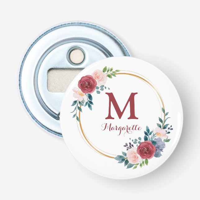 Burgundy Rose Wreath Custom Monogram & Name Flaschenöffner (Vorderseite)