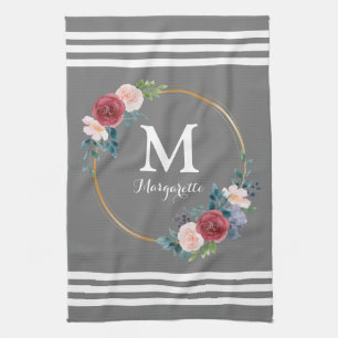 Burgundy Rose Wreath Custom Monogram & Name Geschirrtuch