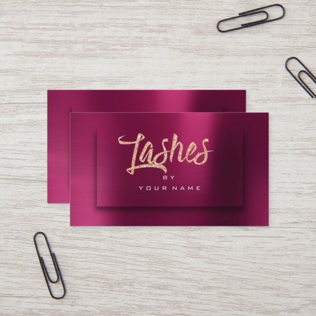 Burgundy RoseGold Metallic Typograph Makeup Lashes Visitenkarte (Vorderseite/Rückseite Beispiel)