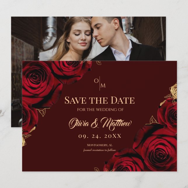  Burgundy Roses Floral Marsala Wedding Save The Date (Vorne/Hinten)