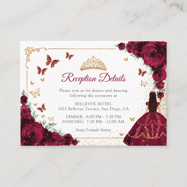 Burgundy Roses Gold Quinceanera Reception Details Begleitkarte (Vorderseite)