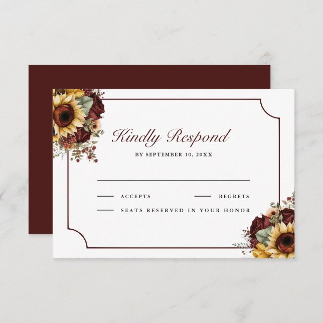 Burgundy Roses Sunflowers Wedding RSVP Karte (Vorne/Hinten)