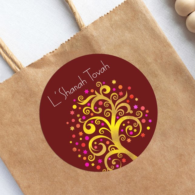 Burgundy Rosh Hashanah Gold Foil Tree of Life Bold Runder Aufkleber (Von Creator hochgeladen)