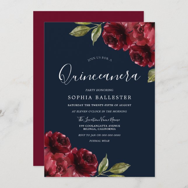 Burgundy Rot & Navy Blumenschlamm Quinceanera 15.  Einladung (Vorne/Hinten)