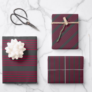 Burgundy Rot und Holzkohle 5 Streifen Muster Geschenkpapier Set