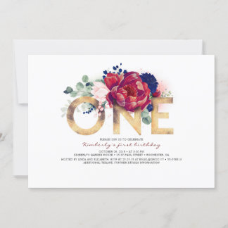 Burgundy Rot und Navy Blue Floral 1. Geburtstag Einladung