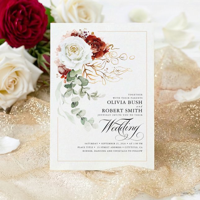 Burgundy Rot und Weiß Blume Elegante Hochzeit Einladung (Burgundy Red and White Botanical Flowers Chic Wedding Invitation)