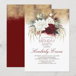 Burgundy Rot und Weiße Blüte Elegant Geburtstag Einladung