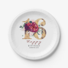 Burgundy Rote Floral Typografie 16. Geburtstag Pappteller