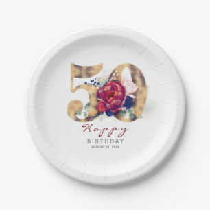 Burgundy Rote Floral Typografie 50. Geburtstag Pappteller