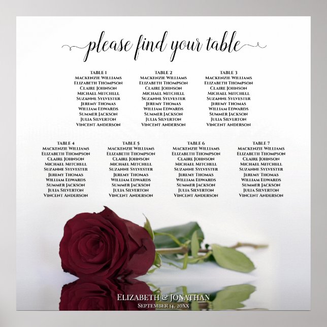 Burgundy Rote Rose 7 Tabelle Hochzeitstabelle Poster (Vorne)