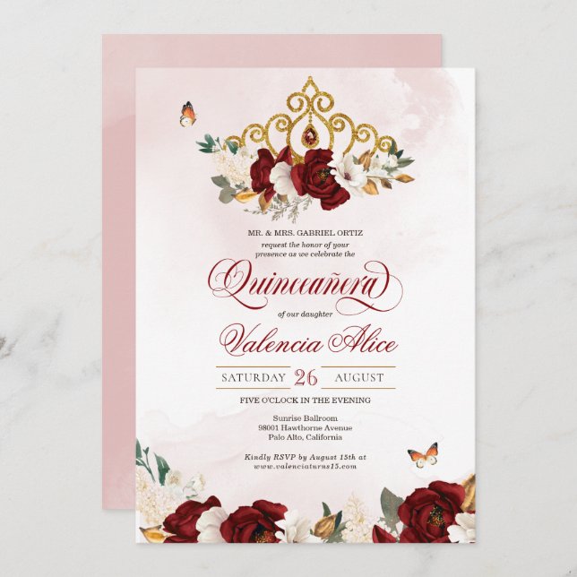 Burgundy Rote Rose Butterfly Quinceanera Gold Tiar Einladung (Vorne/Hinten)