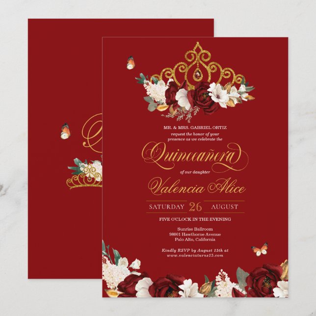 Burgundy Rote Rose Butterfly Quinceanera Gold Tiar Einladung (Vorne/Hinten)